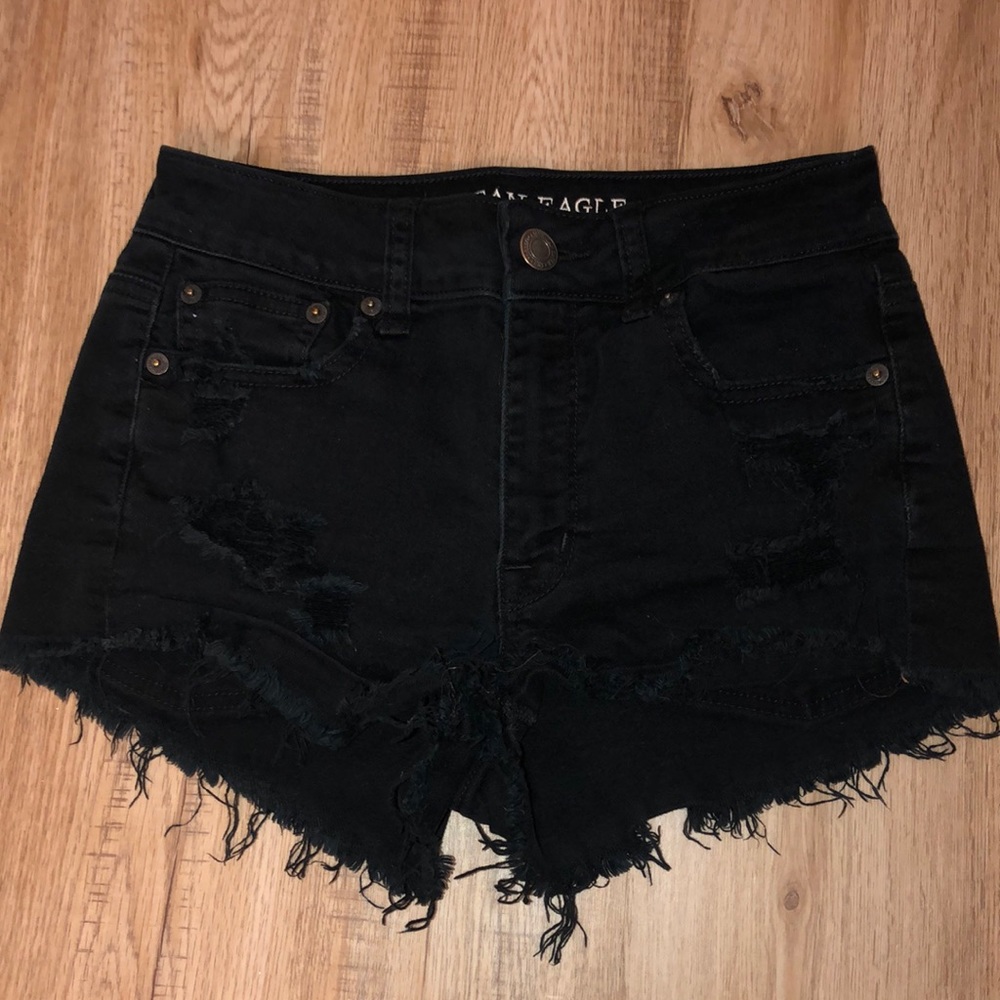 American Eagle Ripped High Rise Black Denim Shorts